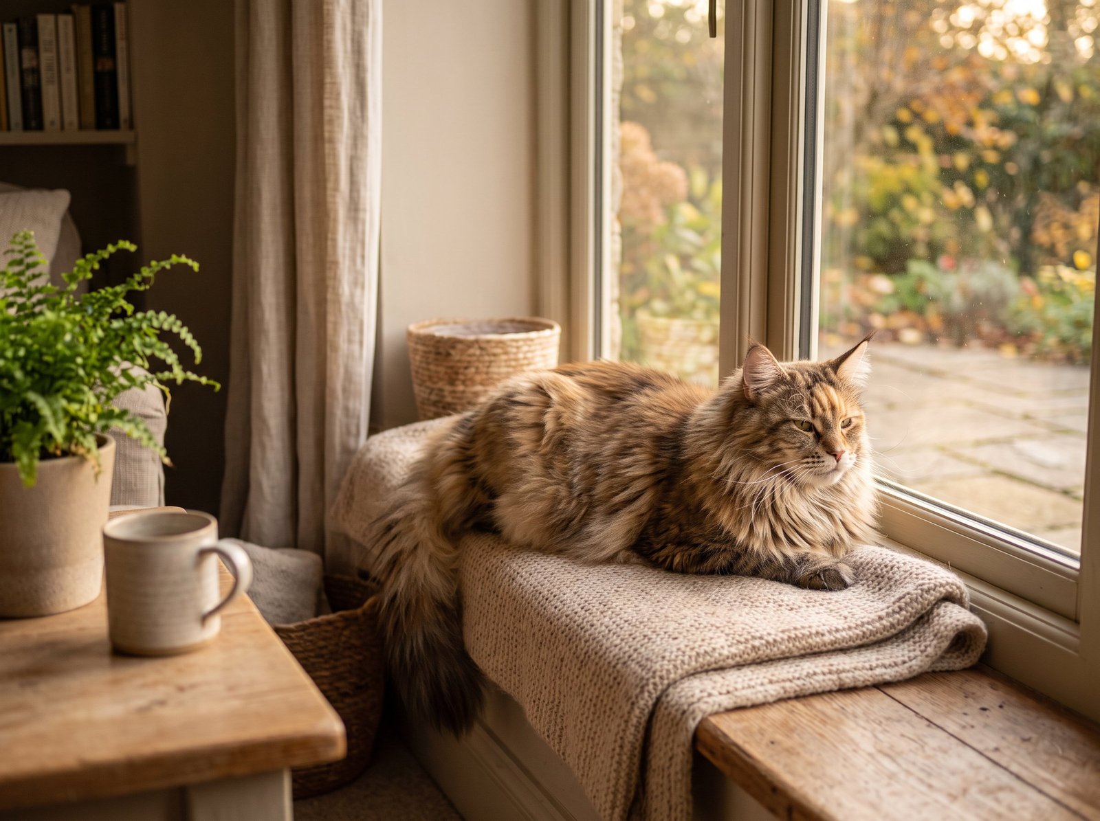 Maine-Coon-Katze ruht entspannt auf einer Fensterbank im warmen Licht