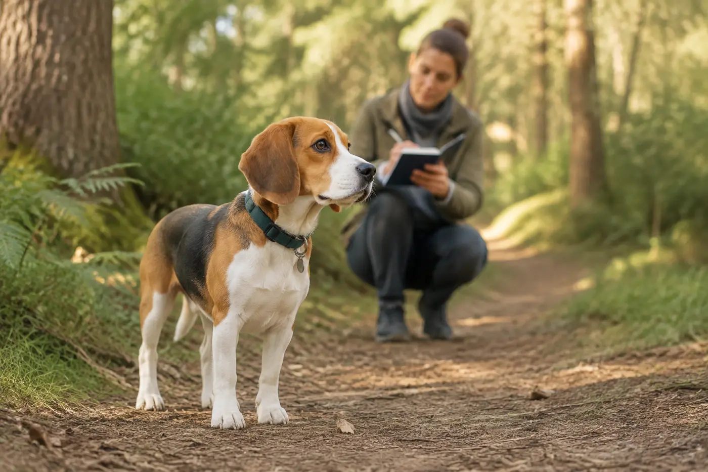 Beagle bei einem ruhigen Waldspaziergang, während seine Halterin Beobachtungen notiert